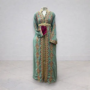 Takchita vert d’eau – Broderies dorées et roses