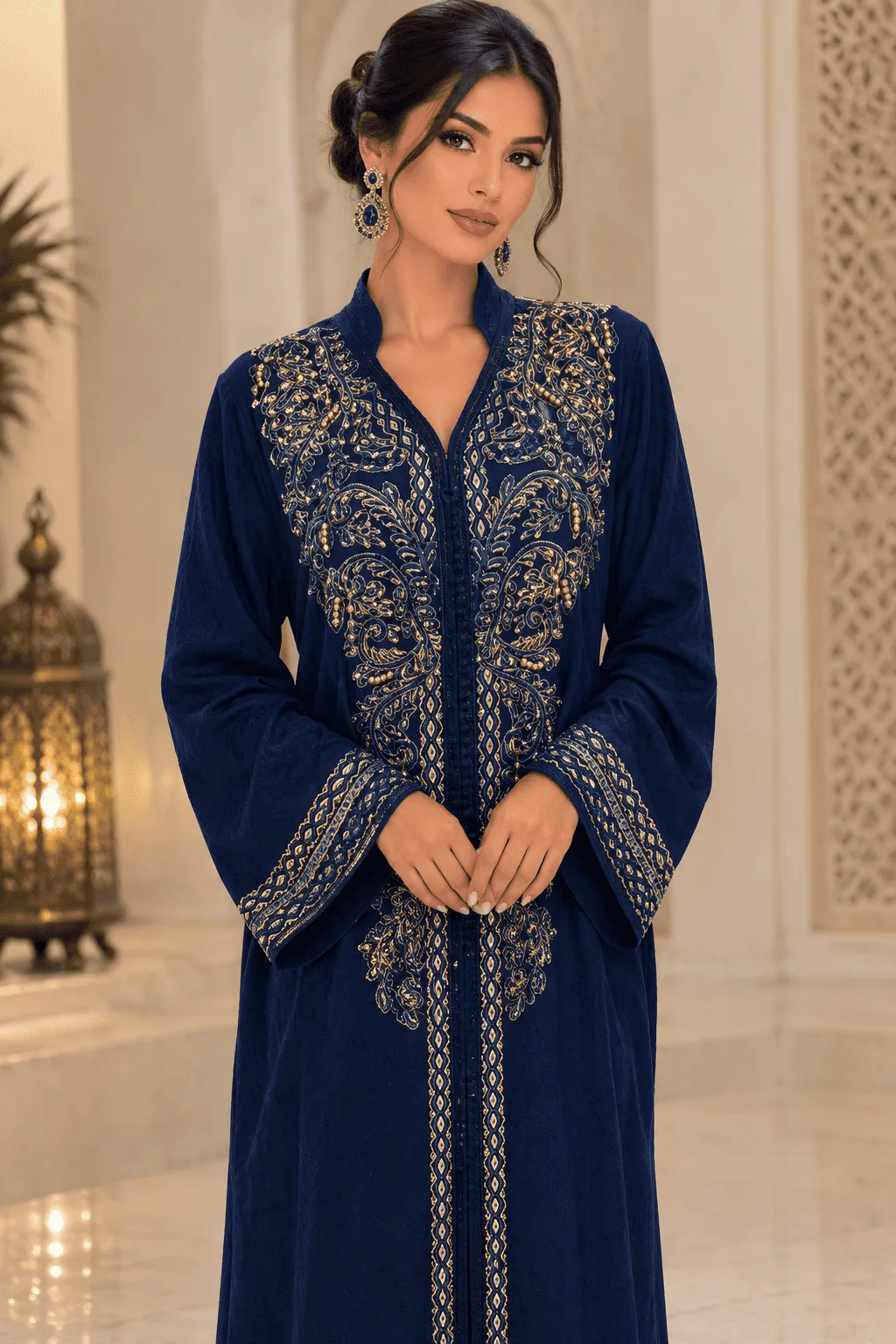 Caftan bleu avec ornements doré