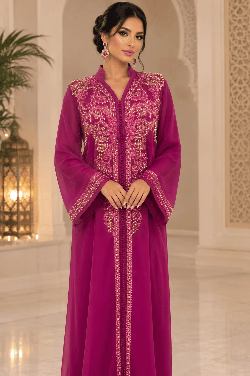 Caftan rose avec ornements doré