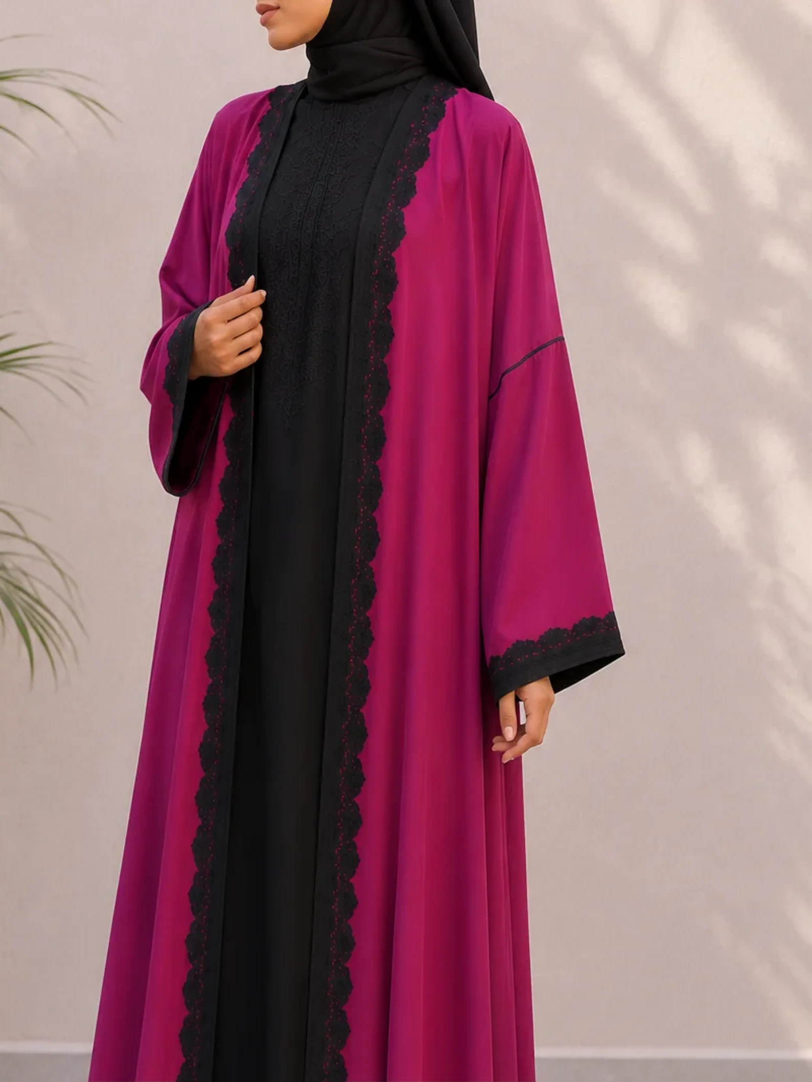 Abaya fuchsia, dentelle noire — Zin'Attitude